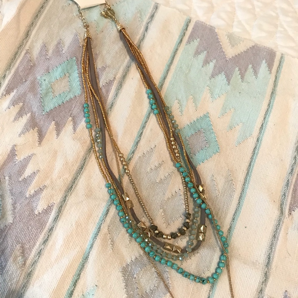 Multi Strand Necklace with Gold Gray Teal Color